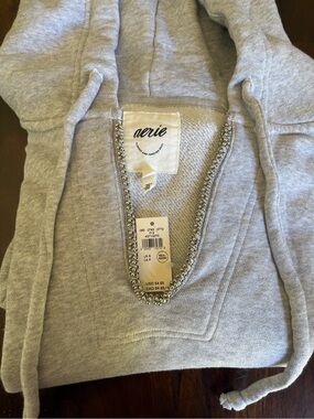Aerie Gray V-Neck Crop Hoodie with Silver Bead Trim
